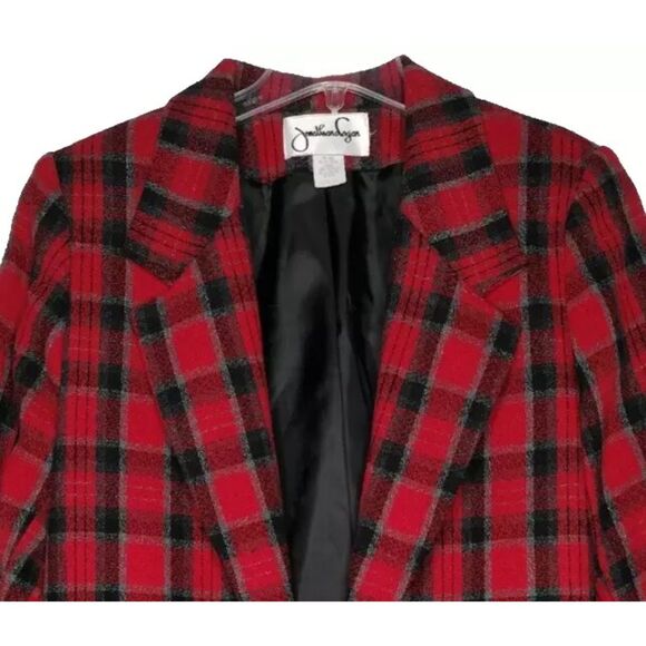 Vintage 90s Jonathan Logan Size 14 Red Wool Tartan Plaid Classic Blazer Jacket - Picture 3 of 7
